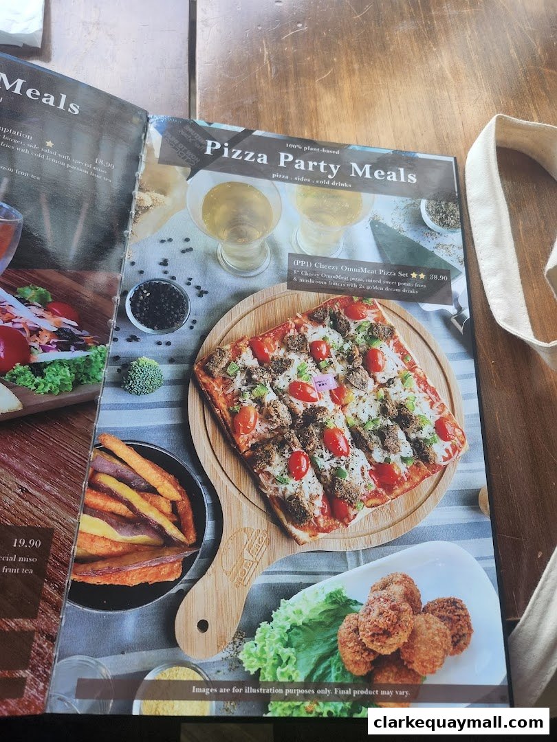 A menu featuring plant-based pizza party meals, including a pizza set with fries and fritters.
