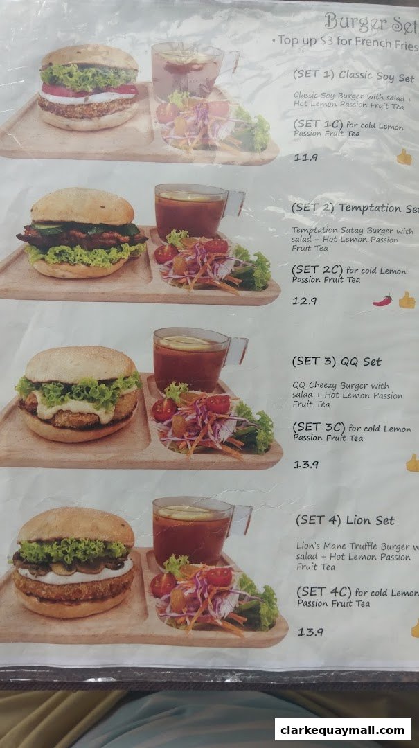 A menu showcasing various burger sets with sides and drinks.