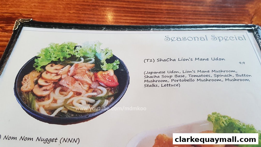 A menu featuring a seasonal special of ShaCha Lion's Mane Udon with various ingredients.