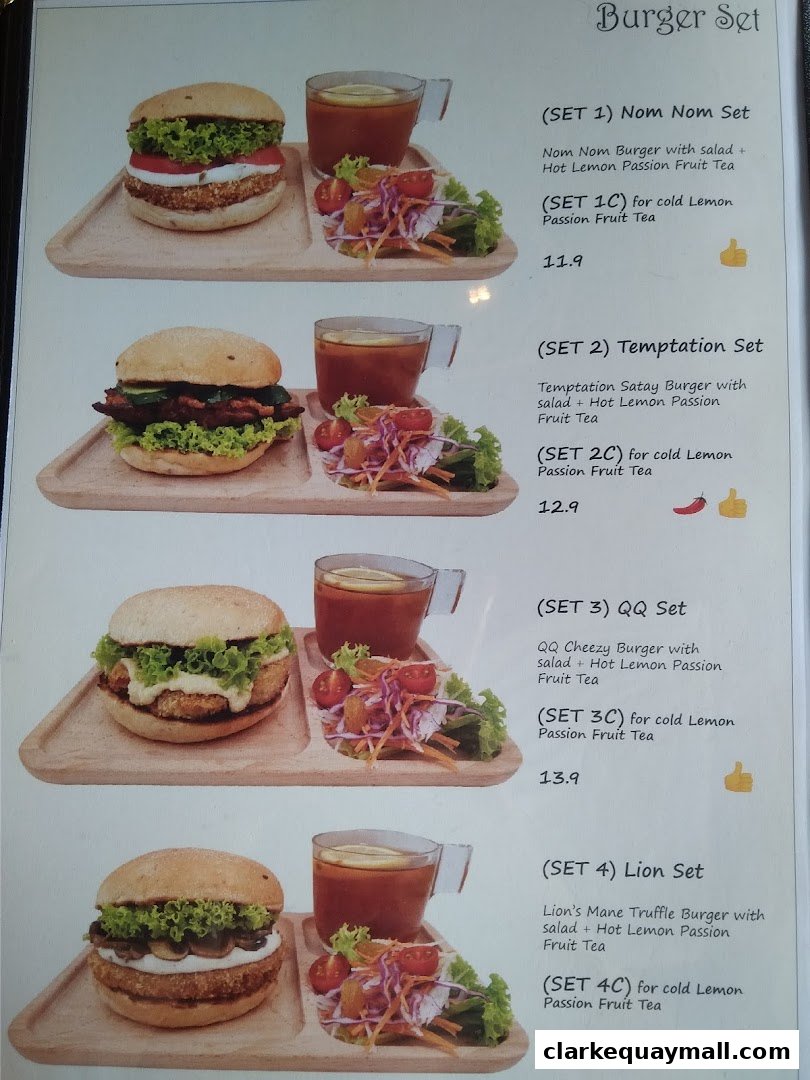 A menu showcasing four different burger sets, each with a burger, salad, and passion fruit tea.
