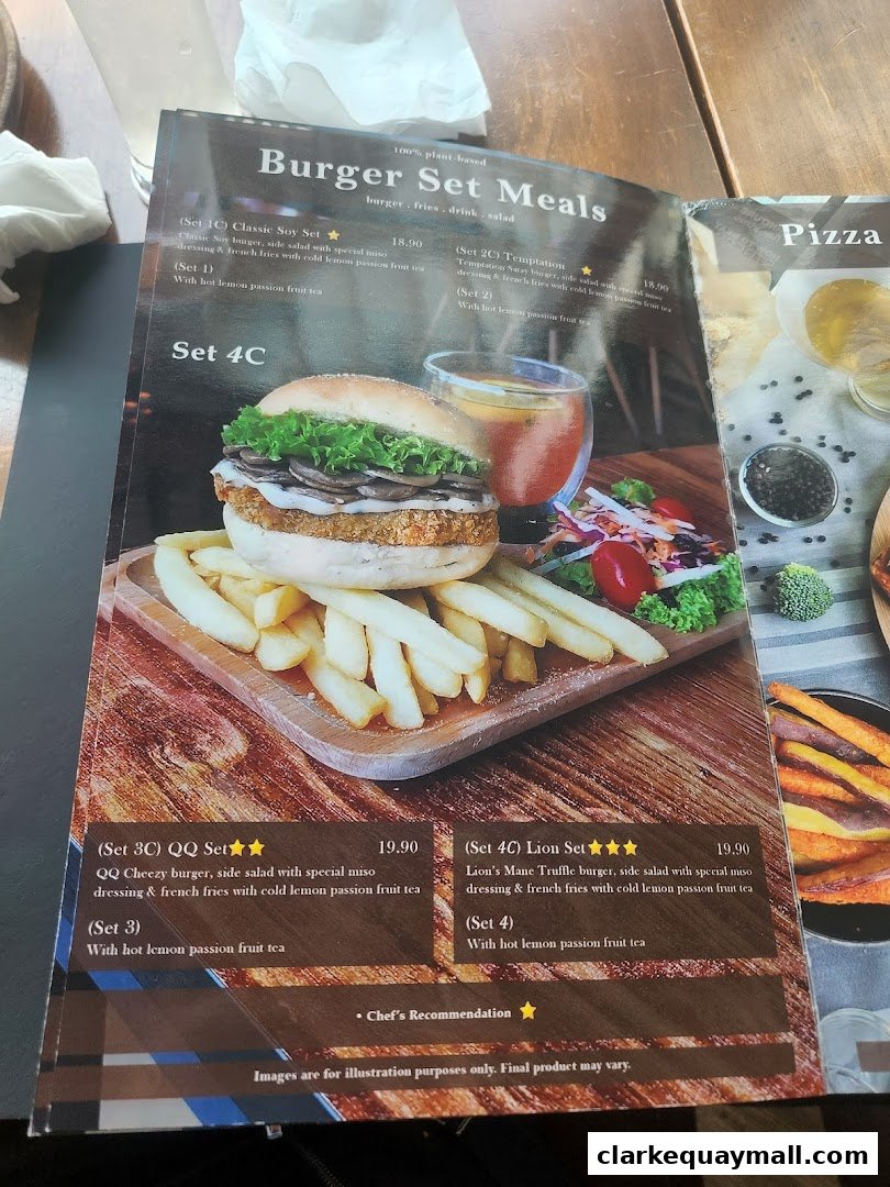 A menu page showcasing plant-based burger set meals with detailed descriptions and prices.