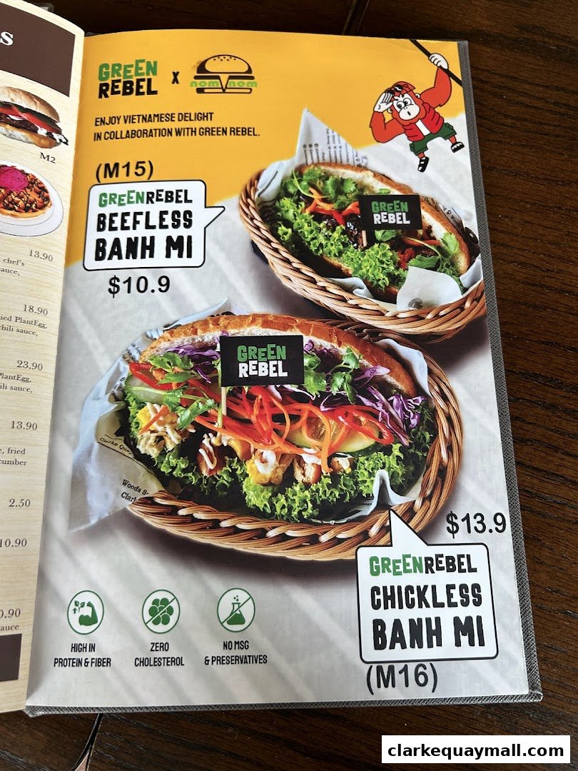 A menu page showcasing two types of Banh Mi, one beefless and one chickless, with prices and nutritional information.