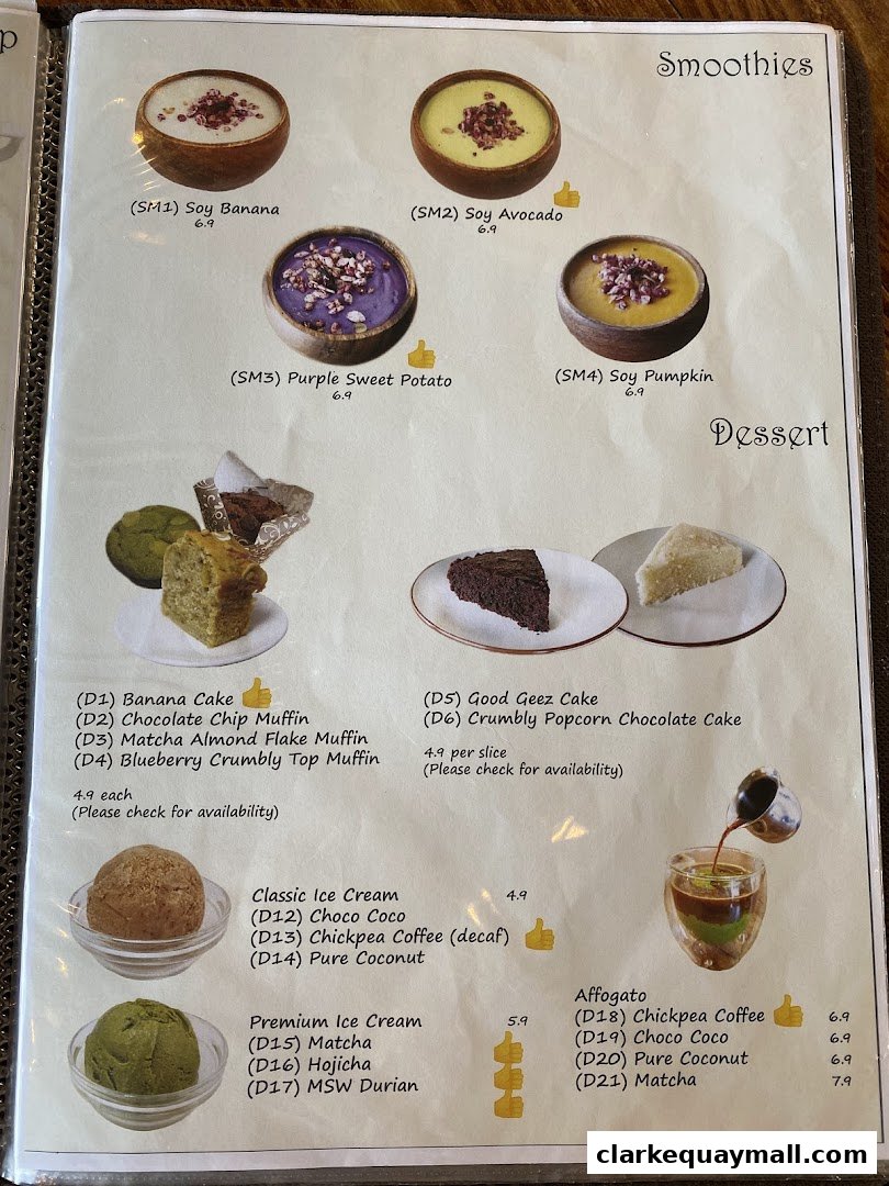 A menu page showcasing smoothies, desserts, ice cream, and affogato with appealing images.