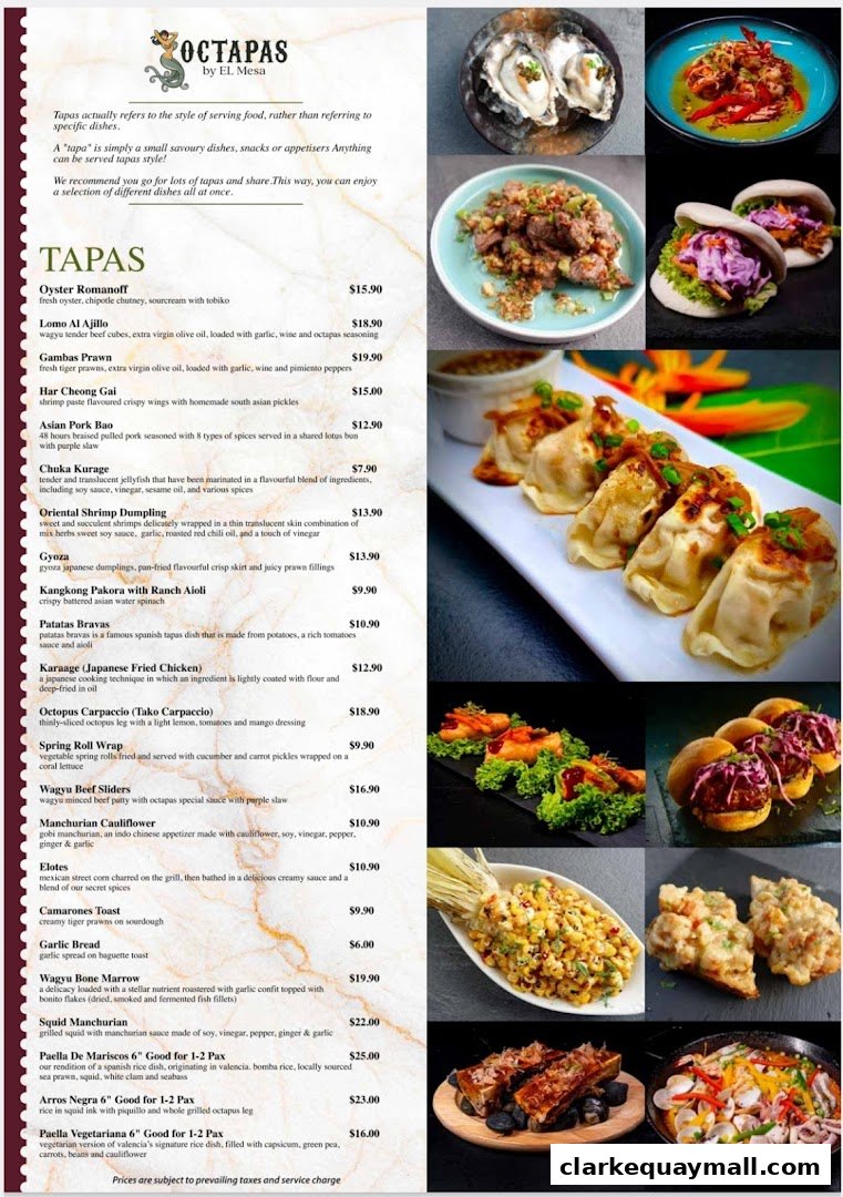 A menu for Octapas International Tapas Bar featuring various tapas dishes with prices.