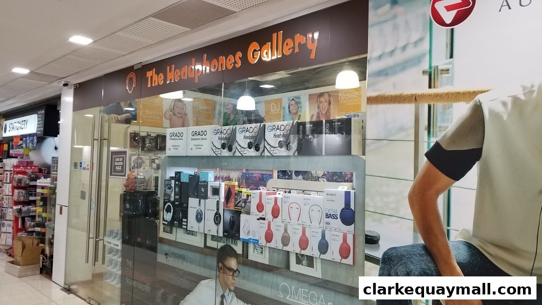 The storefront of 'The Headphones Gallery' showcasing various headphone brands and models.