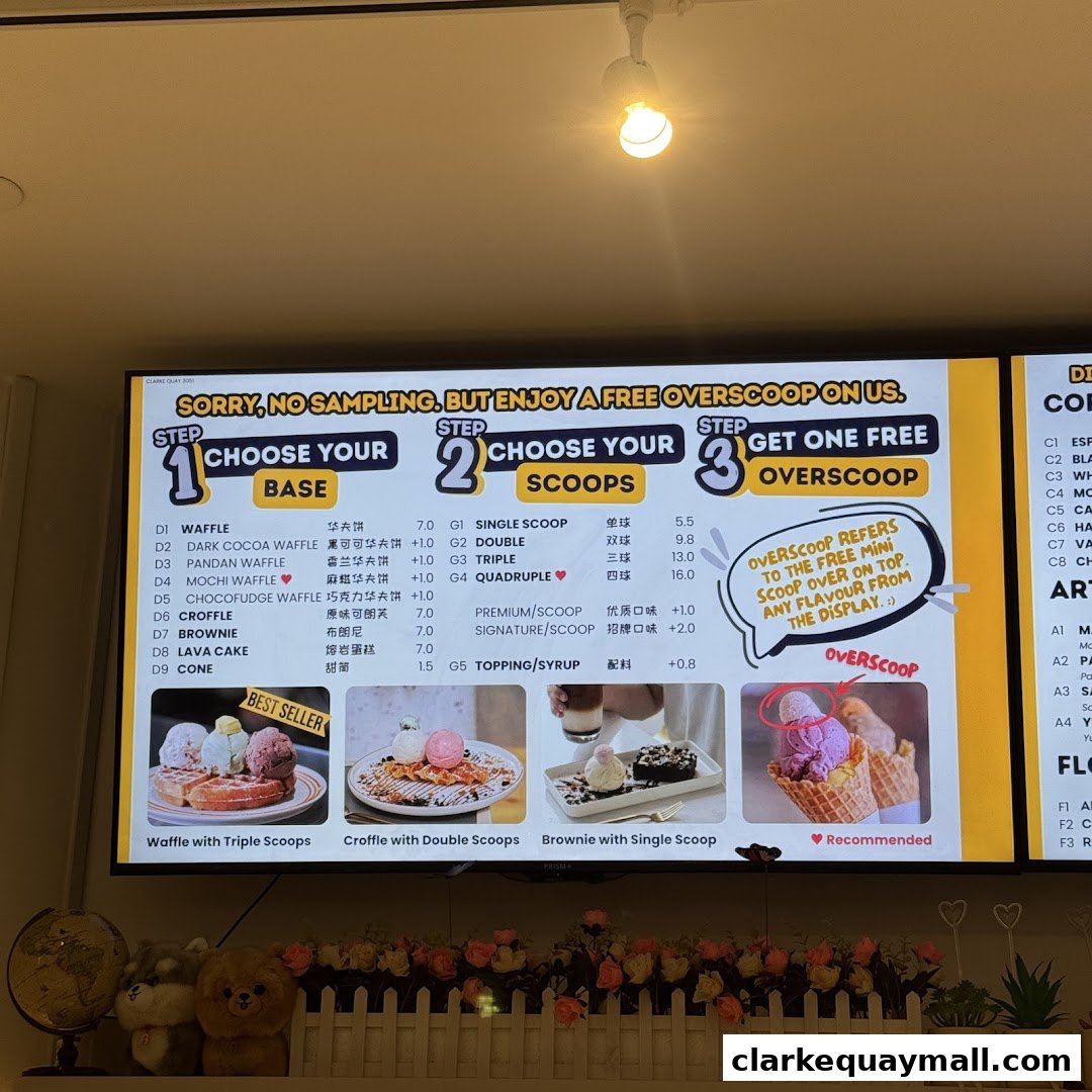 A digital menu board displaying waffle and ice cream options with prices and images.