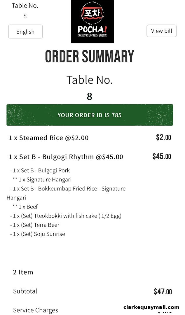 An order summary from POCHA! Korean Street Dining showing items and prices.