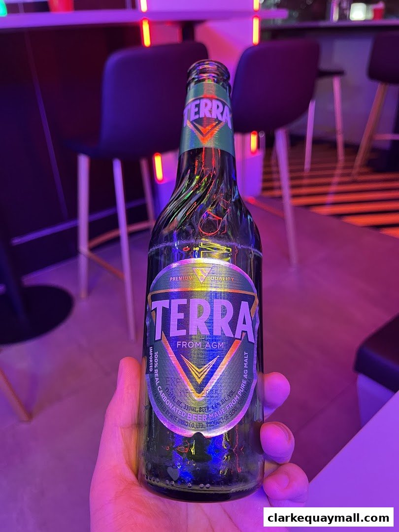 A hand holds a bottle of Terra beer in front of a bar with purple lighting and stools.