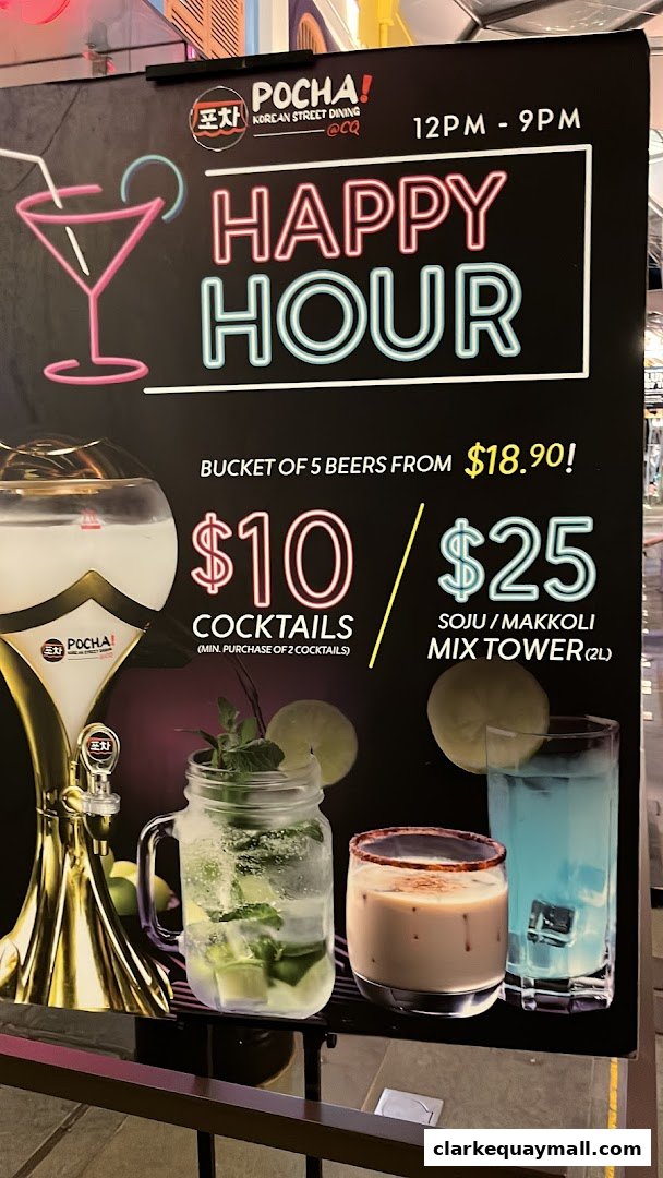 A sign advertising happy hour specials for Korean street dining at POCHA!