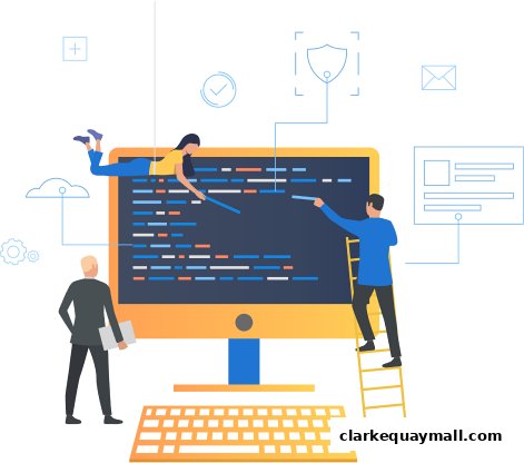 Illustration of people working on a computer with code and digital icons.
