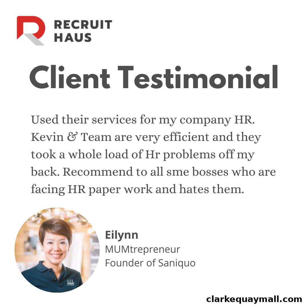 A client testimonial for Recruit Haus featuring a quote and a photo of Eilynn.