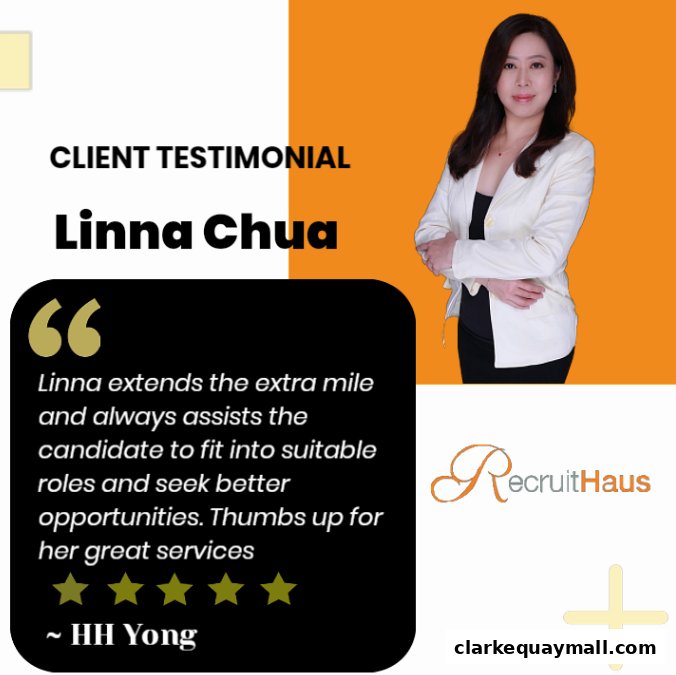 A client testimonial for Linna Chua from RecruitHaus, highlighting excellent service.