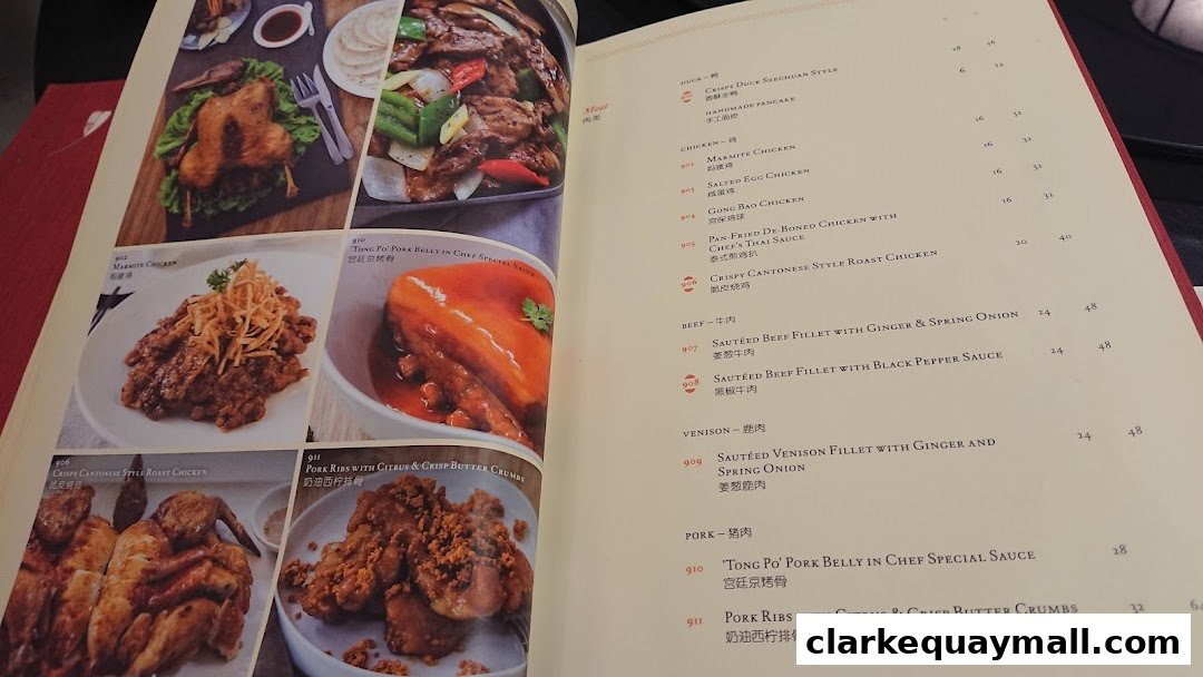 A menu from Red House Seafood Nanyang Clarke Quay featuring various meat and seafood dishes with images.