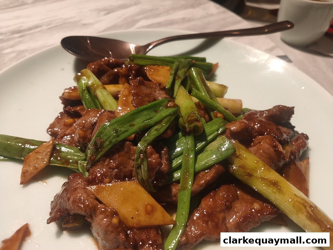 A close-up shot of a delicious beef and scallion dish served on a white plate.