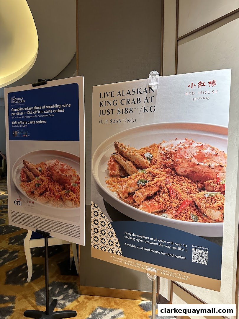 Promotional posters for Red House Seafood, featuring Alaskan King Crab and Citi card offers.
