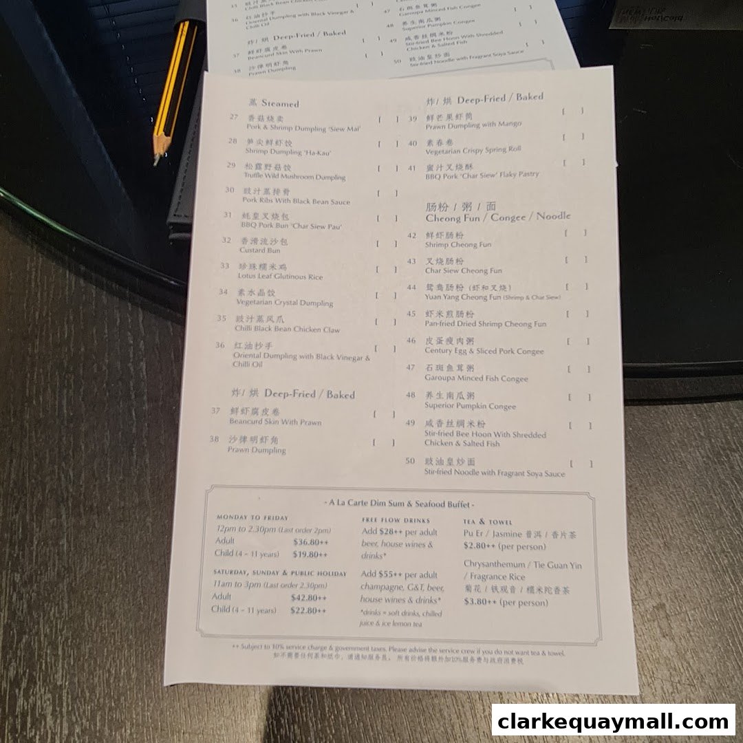 A menu from Red House Seafood Nanyang Clarke Quay featuring dim sum and seafood buffet options.