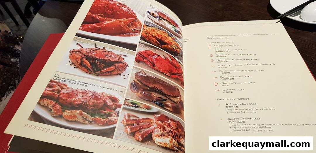 A menu from Red House Seafood Nanyang Clarke Quay featuring various crab dishes and types.