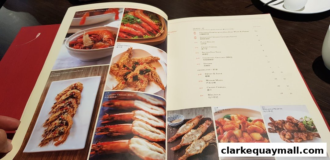 A menu from Red House Seafood Nanyang Clarke Quay featuring various prawn dishes with enticing images.