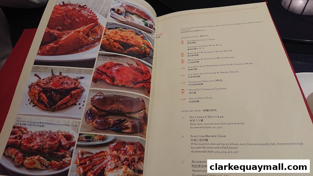 A menu featuring various crab dishes with images and descriptions.