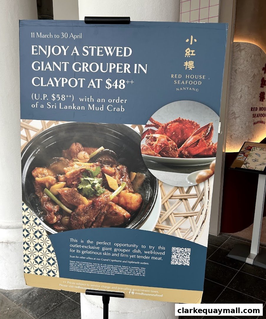 A promotional poster for Red House Seafood featuring a stewed giant grouper in claypot and Sri Lankan mud crab.