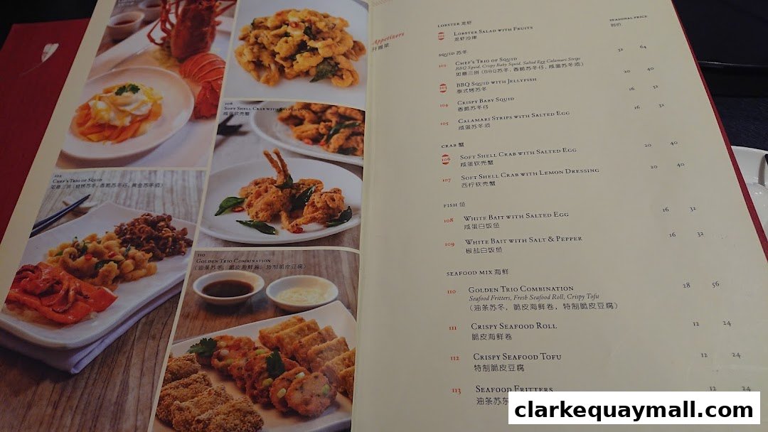 A menu from Red House Seafood Nanyang Clarke Quay featuring various seafood dishes with images.
