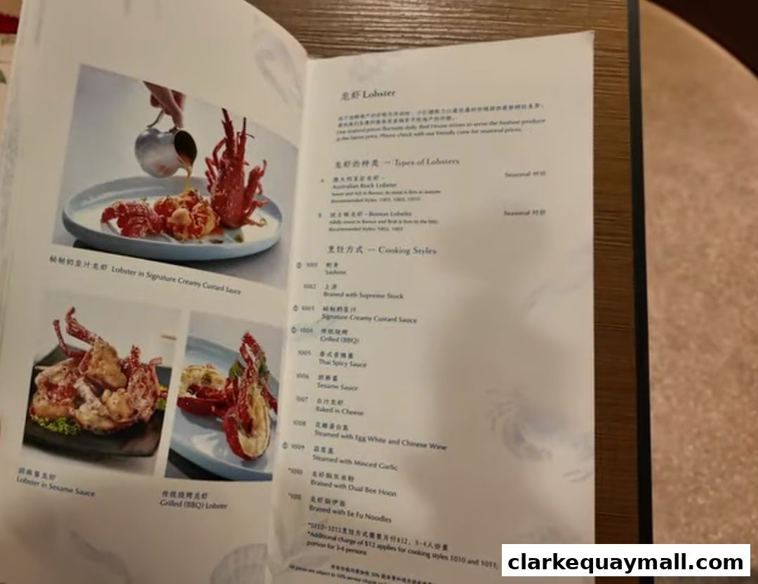 A menu featuring various lobster dishes with enticing images and descriptions.