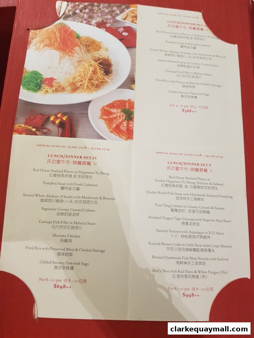 A menu from Red House Seafood Nanyang Clarke Quay featuring various set meals and dishes.