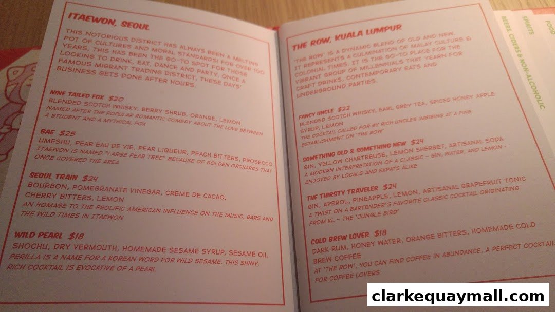 A menu with cocktail descriptions and prices, divided by city themes.