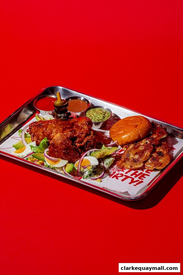A platter of fried chicken, waffles, salad, and dipping sauces on a red background.