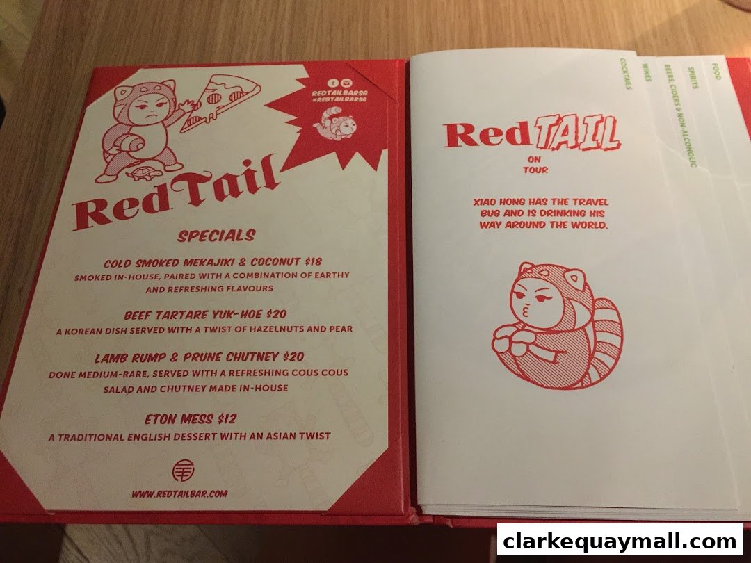 A menu from RedTail Bar featuring specials and drinks categories.