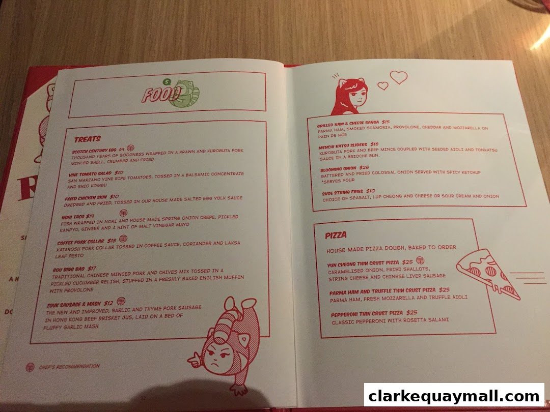 A menu from RedTail Bar By Zouk featuring various food items and pizzas.