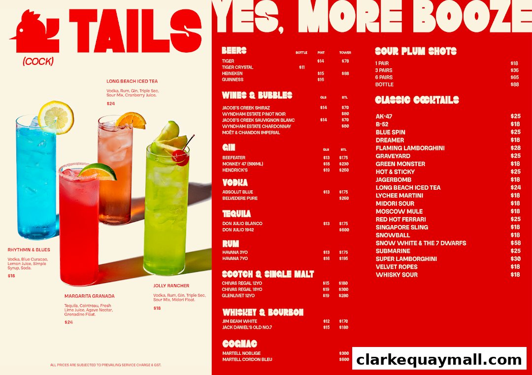 A vibrant menu showcasing various cocktails, beers, wines, spirits, and shots with prices.