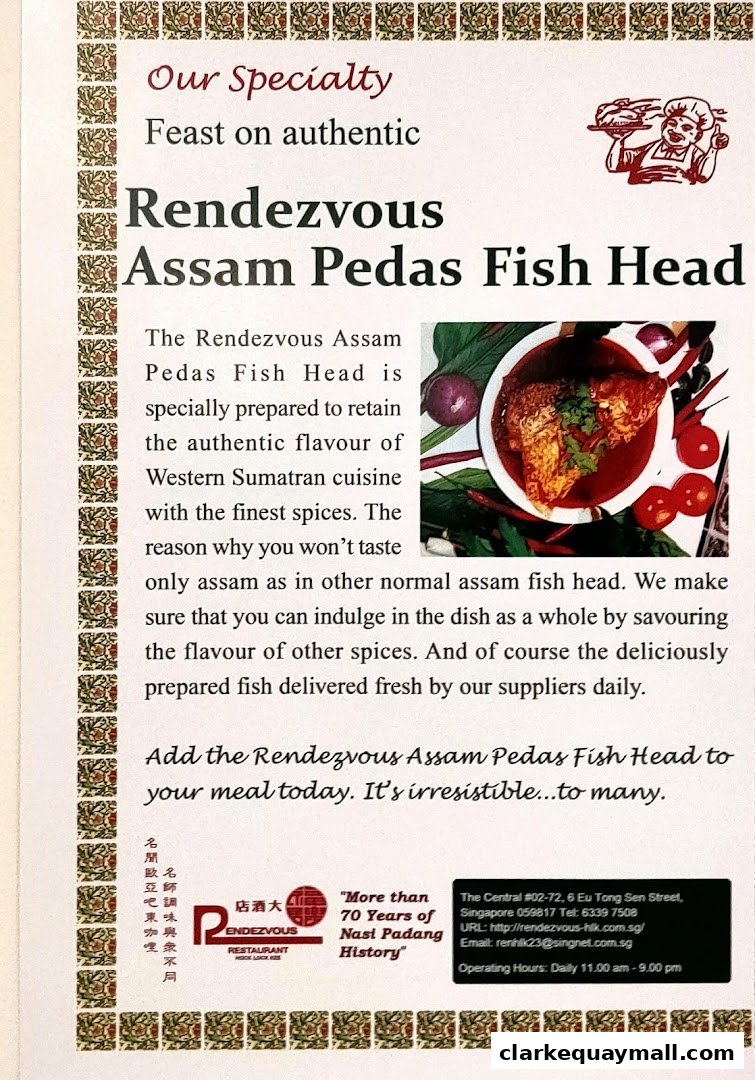 A flyer promoting Rendezvous Restaurant's Assam Pedas Fish Head specialty.
