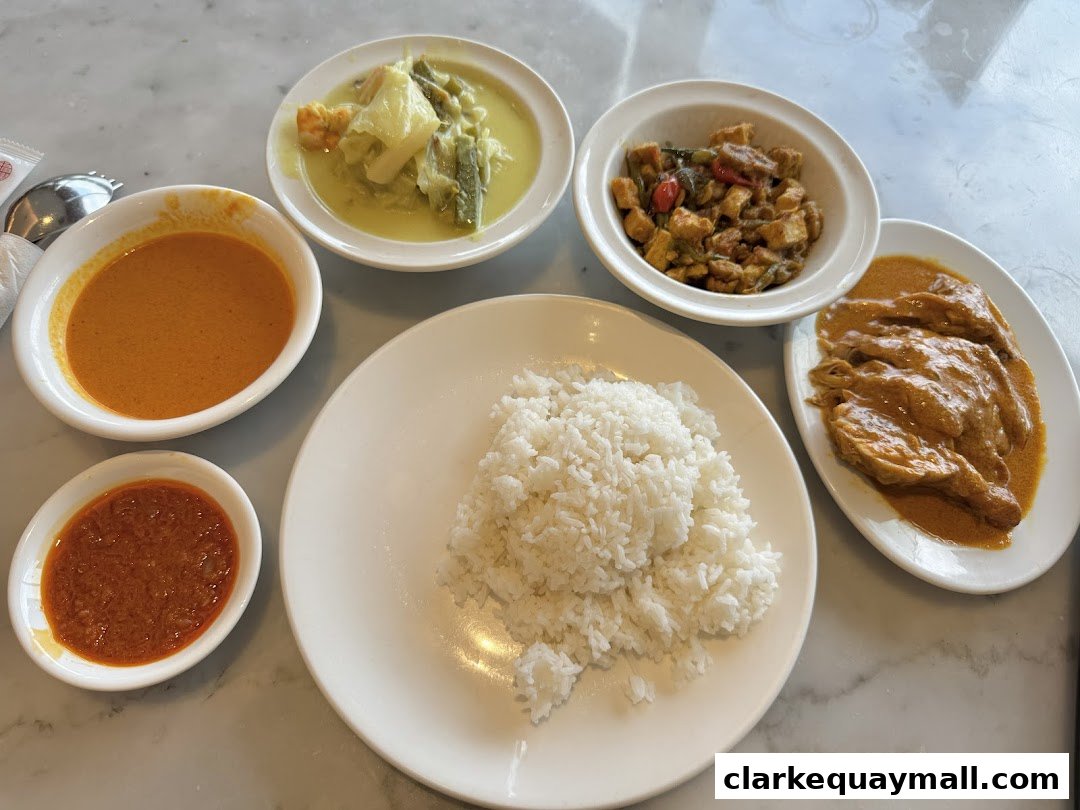 A spread of delicious Southeast Asian dishes including rice, curry, and stir-fried items.