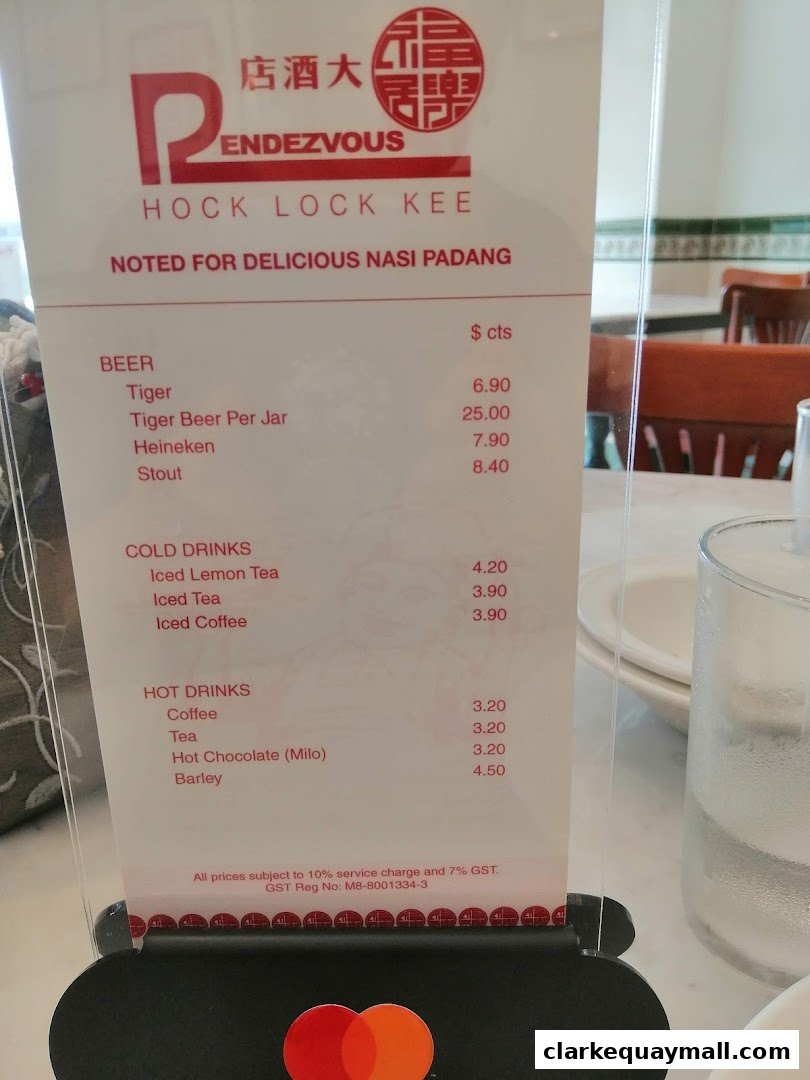 A menu from Rendezvous Restaurant Hock Lock Kee, featuring drinks and prices.