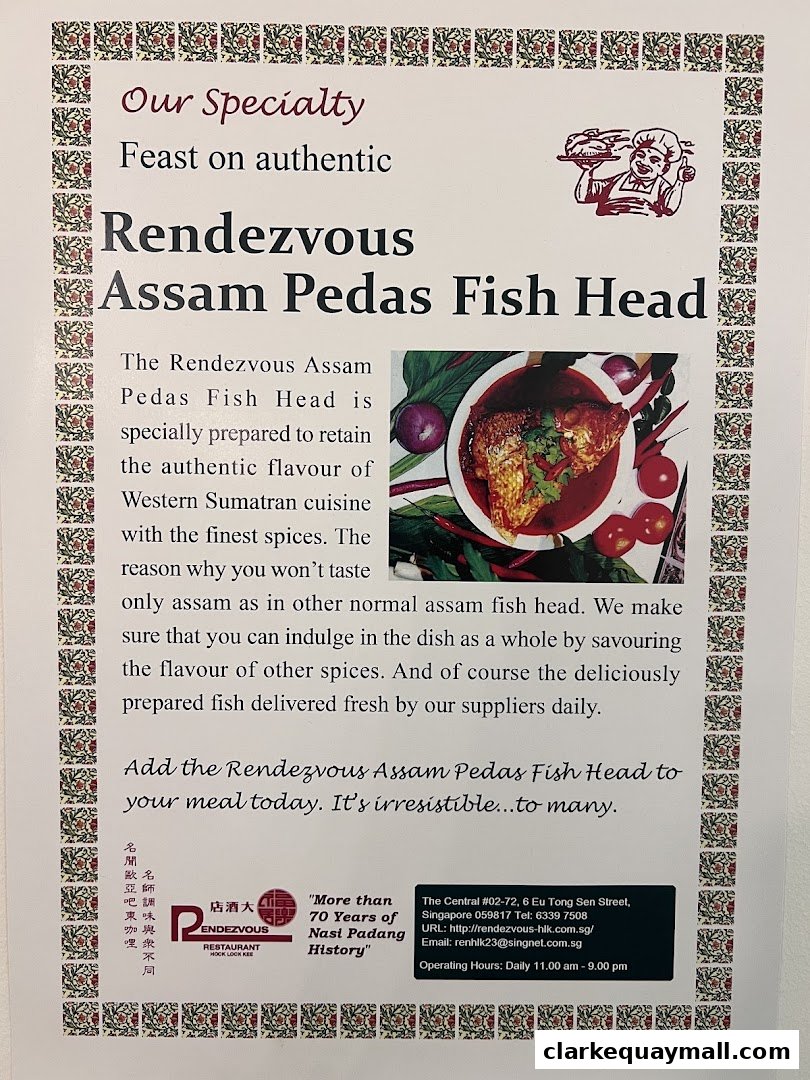 A promotional flyer for Rendezvous Restaurant's Assam Pedas Fish Head.