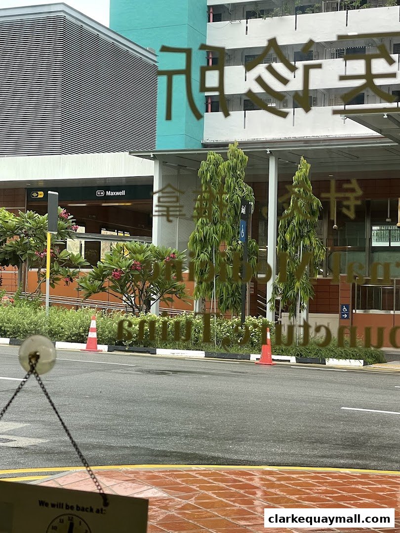 View through a window showing a street scene with trees and buildings, including a Maxwell MRT station entrance.
