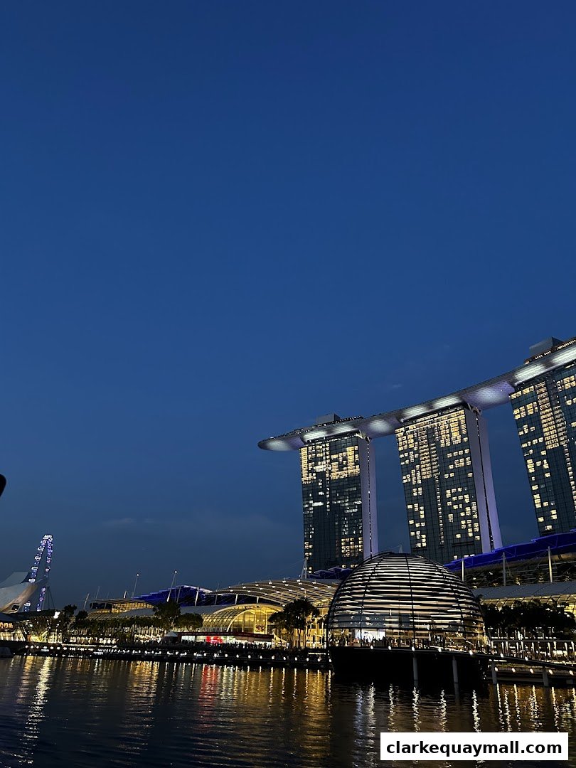 Night view of Marina Bay Sands and Singapore Flyer reflecting on the water.