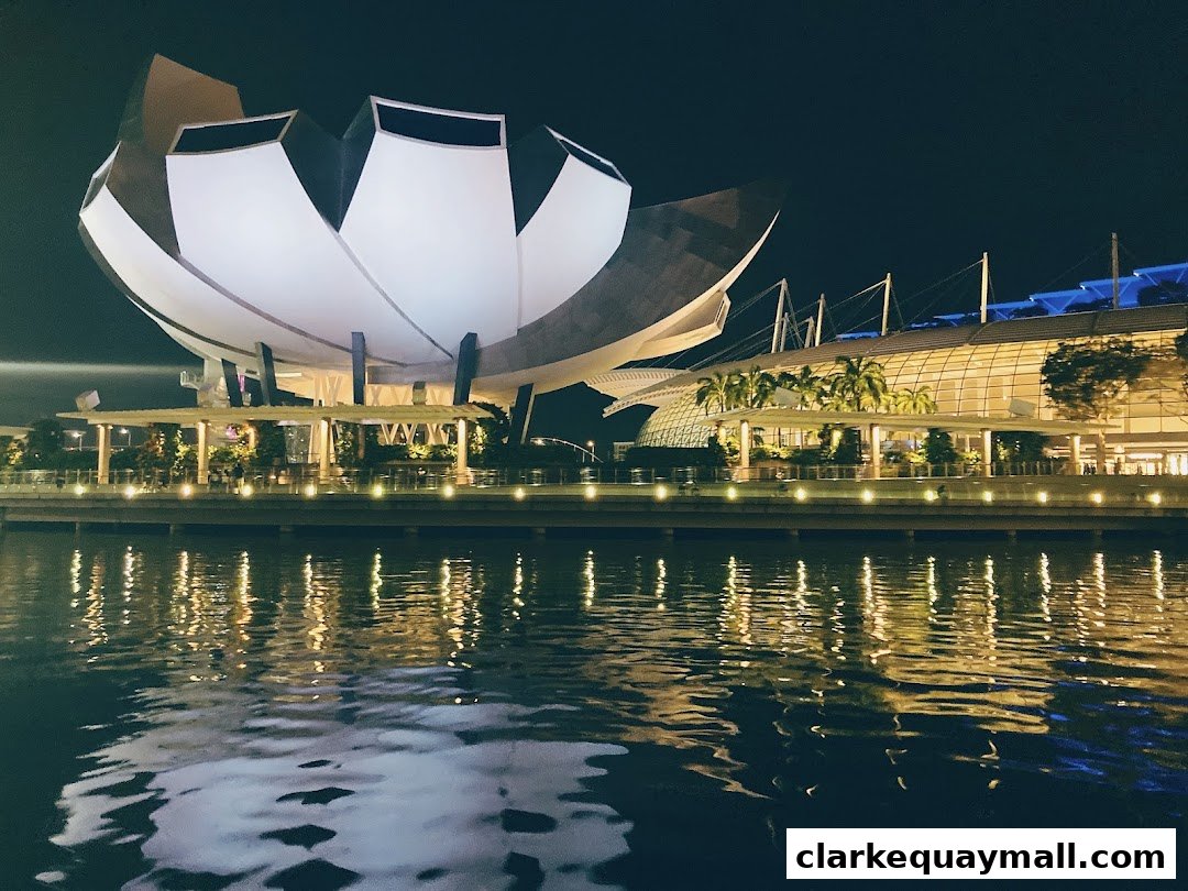 A striking night view of a modern building with a lotus-like structure reflected in the water.