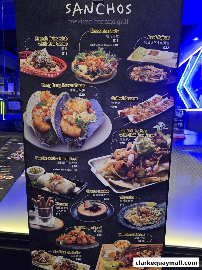 A menu for Sancho's Mexican Bar and Grill featuring various dishes like tacos, fajitas, nachos, and churros.