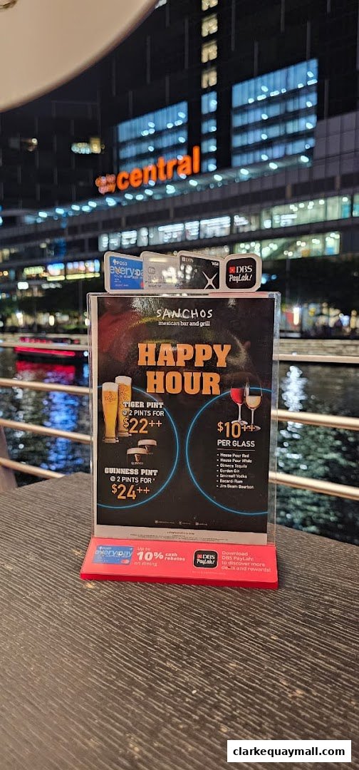 A happy hour promotion sign for Sanchos Mexican Bar and Grill with drink specials.