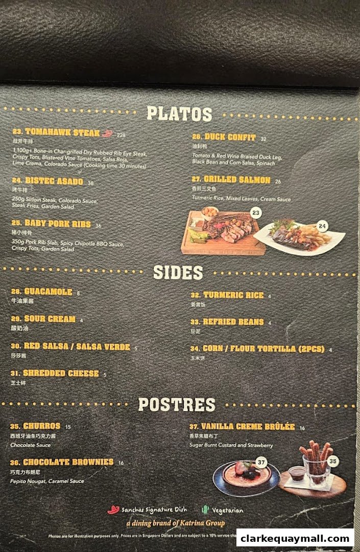 A menu from Rico Rico Clarke Quay featuring steaks, ribs, salmon, sides, and desserts.