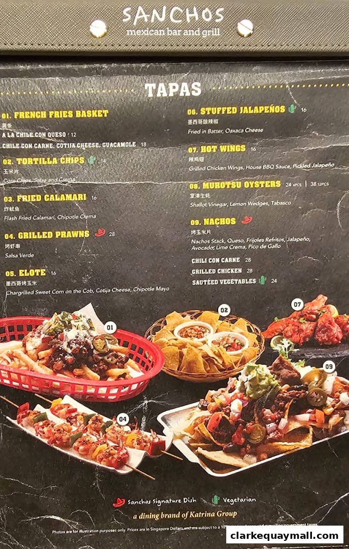 A menu from Sanchos Mexican Bar and Grill featuring various tapas dishes with accompanying images.