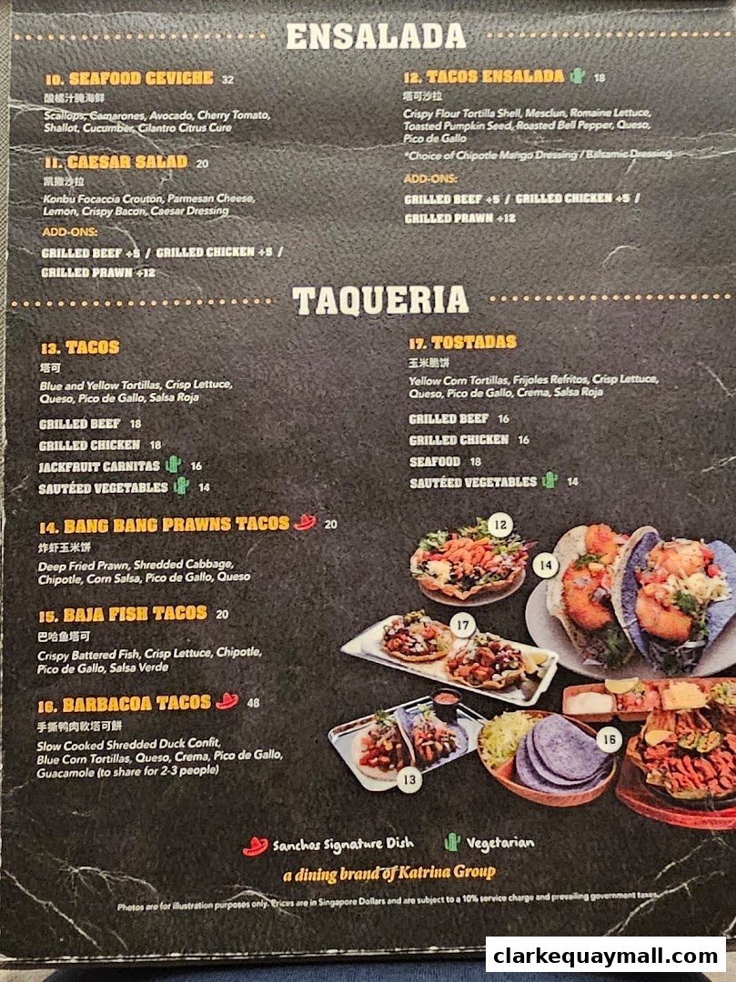 A menu from Rico Rico Clarke Quay featuring Mexican dishes like tacos, tostadas, and salads.