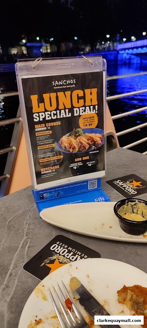 A menu for Sanchos Mexican Bar and Grill featuring a lunch special deal.