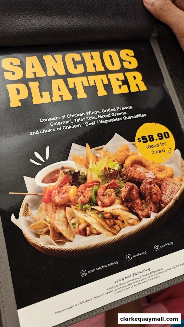 A menu featuring the 'Sanchos Platter' with various items and a price of $58.90.