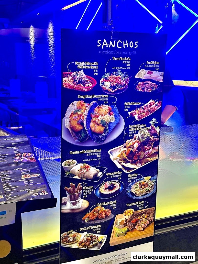A menu board for Sanchos Mexican Bar and Grill, showcasing various dishes with images and prices.