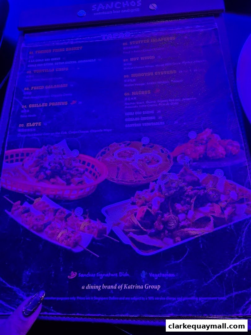 A menu from Sancho's Mexican Bar and Grill featuring tapas and signature dishes.