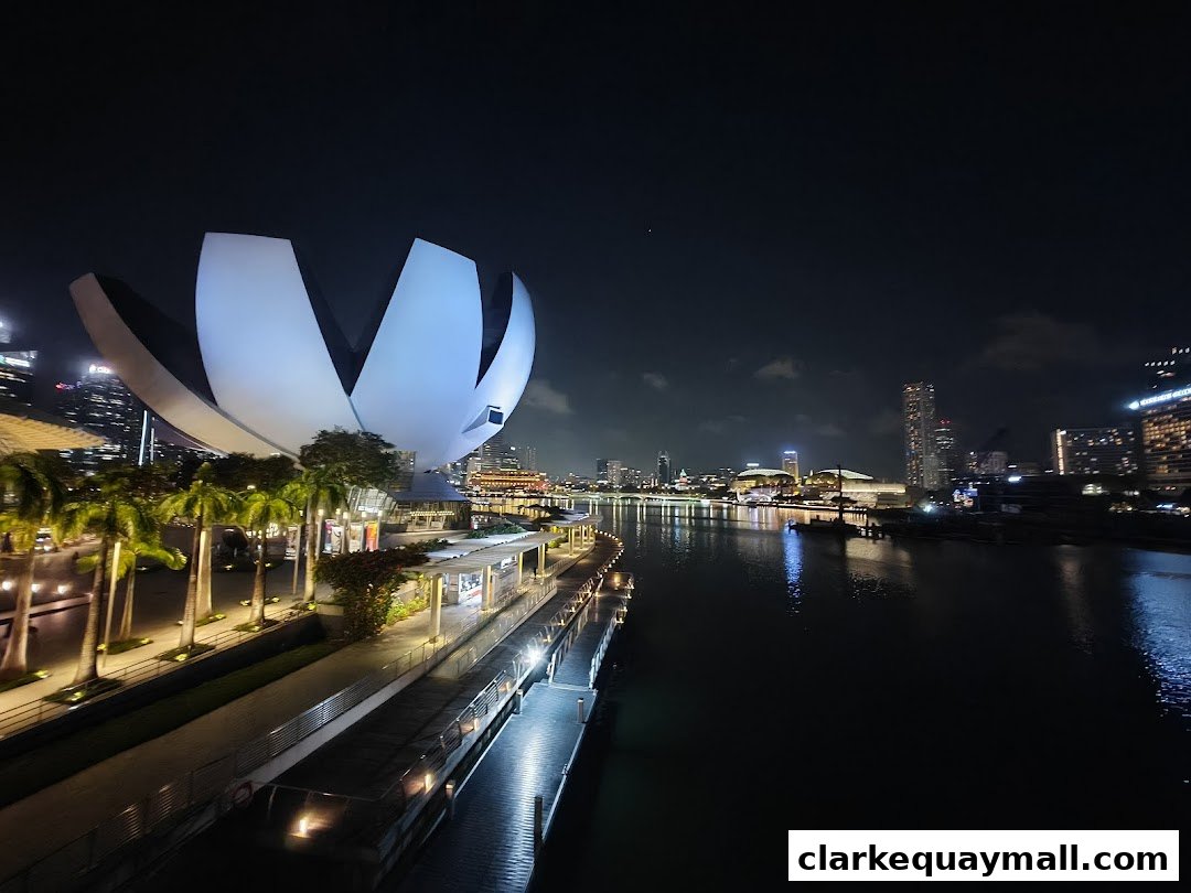 A scenic night view of the Marina Bay waterfront with illuminated buildings and a distinctive lotus-shaped structure.