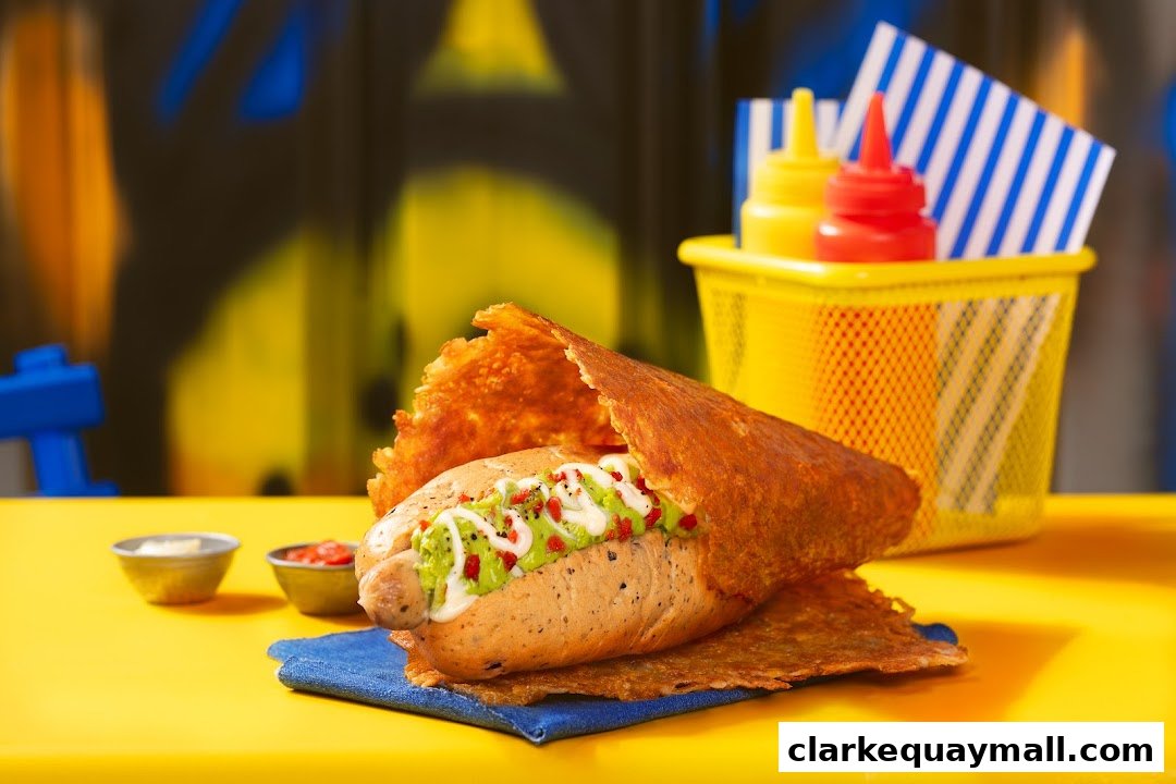 A gourmet hot dog with cheese crisps, guacamole, and sauces on a yellow table.